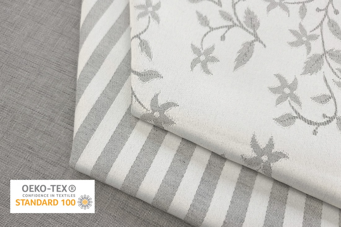 tela de rayas gris claro y natural para tapizar Luxford